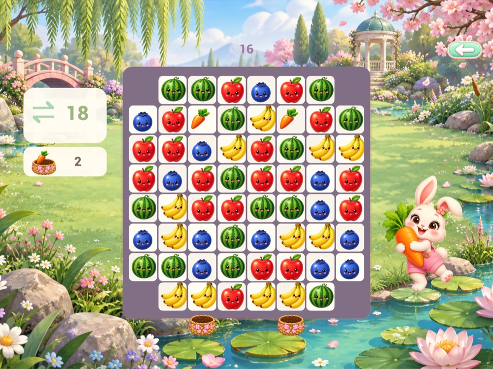 Bunny Match gameplay with an ice-filled fruit board